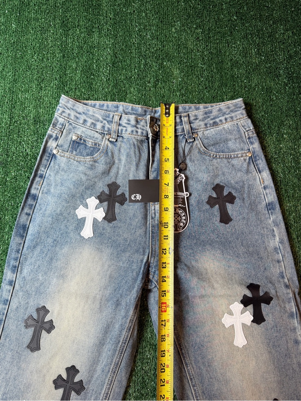 Light Blue Men’s Straight Denim Jeans with Black & White Cross Patches - Picture 8 of 11